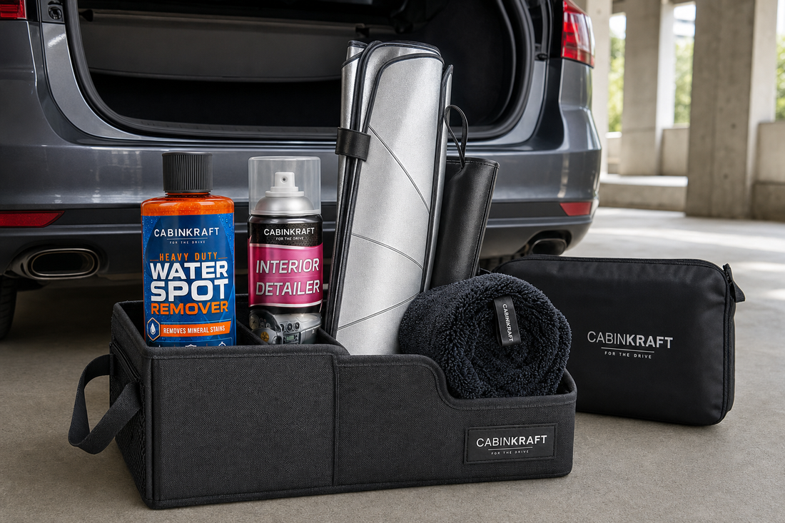 Compact apartment car care kit with detailer water spot remover drying towel and portable washer