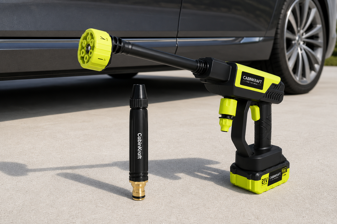 Cordless pressure washer and high-pressure garden hose spray gun for driveway car washing