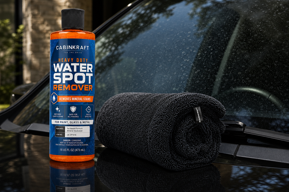 Water spot remover and microfiber drying towel for car glass care