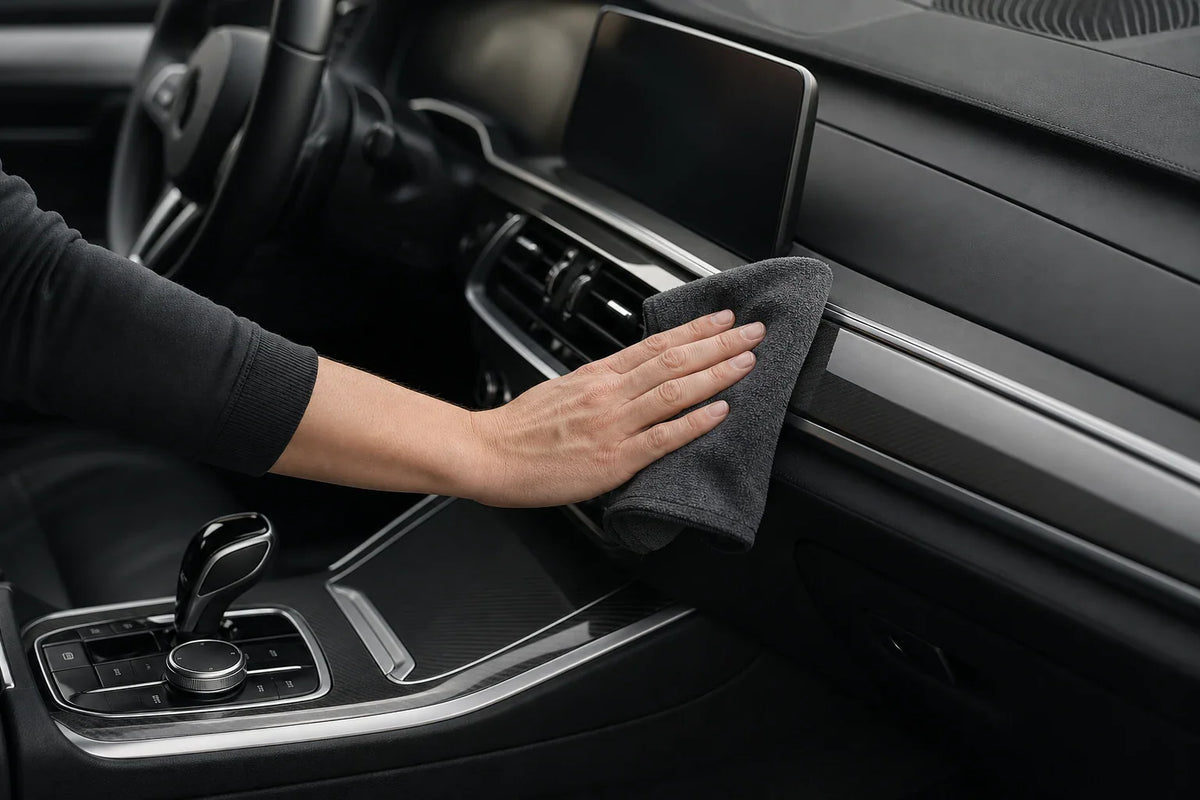 Premium clean car interior detail with microfiber cloth and interior care bottle
