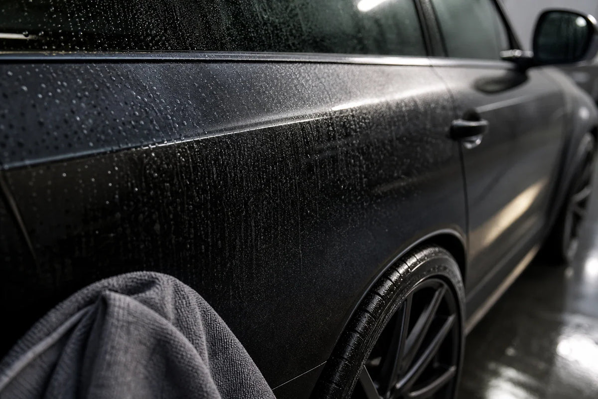 Premium close-up of clean car panel and wheel after water spot care
