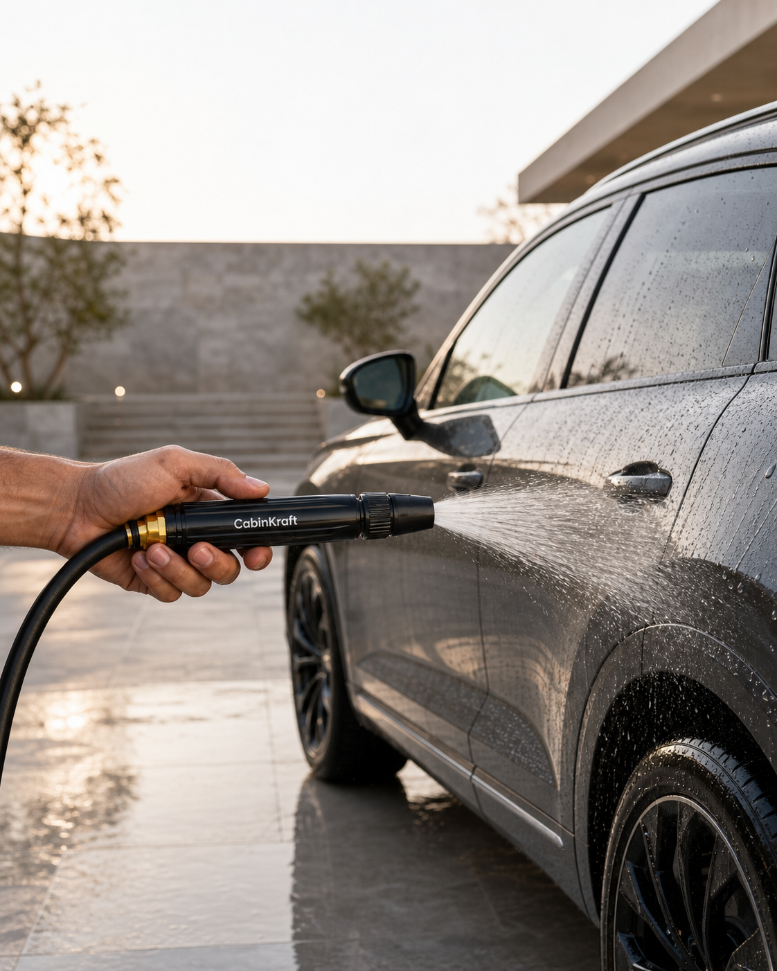 CabinKraft spray nozzle rinsing a graphite vehicle
