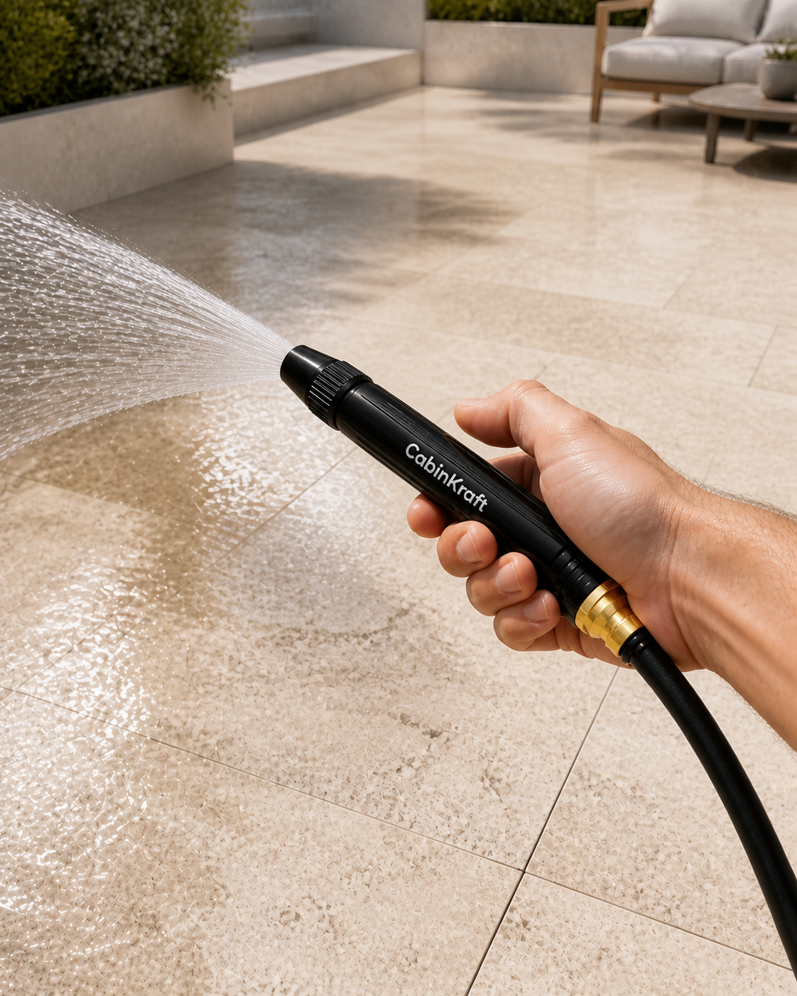 CabinKraft spray nozzle rinsing a stone patio