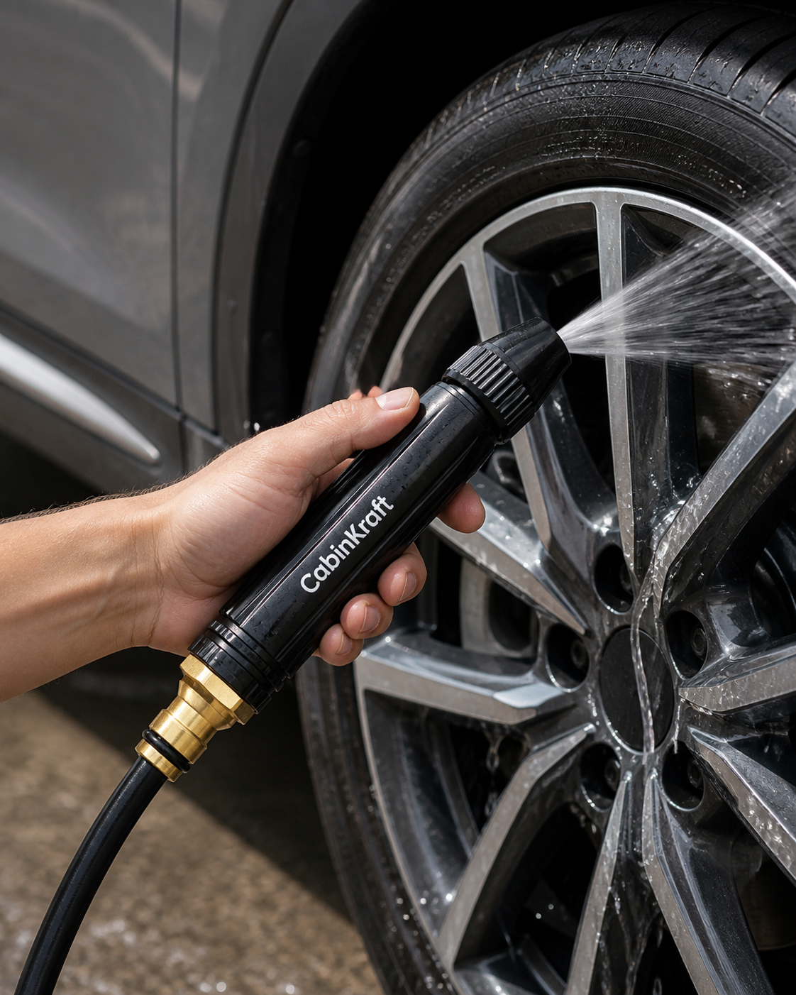 CabinKraft spray nozzle rinsing a vehicle wheel