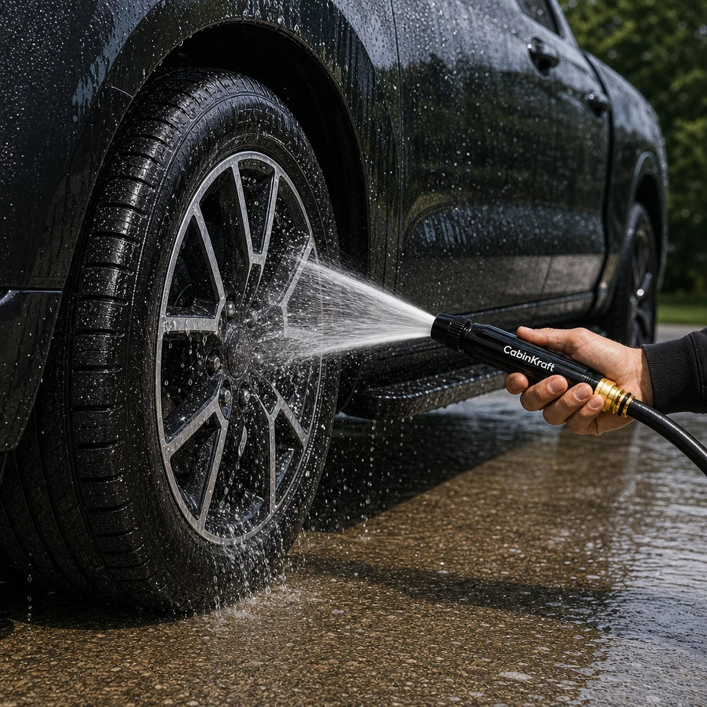 CabinKraft wash tool rinsing a wet wheel and tire
