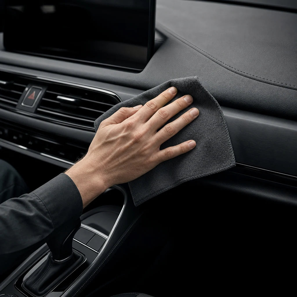 Microfiber cloth wiping a clean car dashboard and interior trim