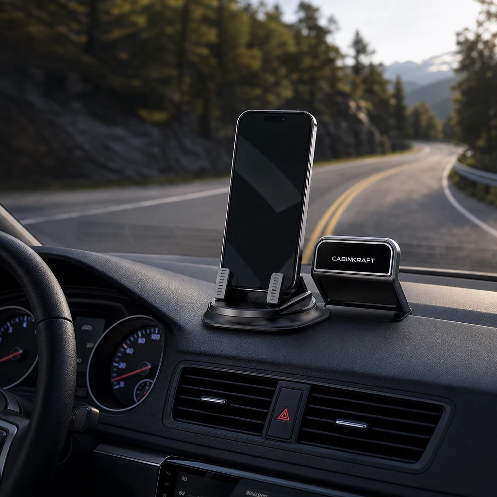 CabinKraft phone mount holding a smartphone on a car dashboard.