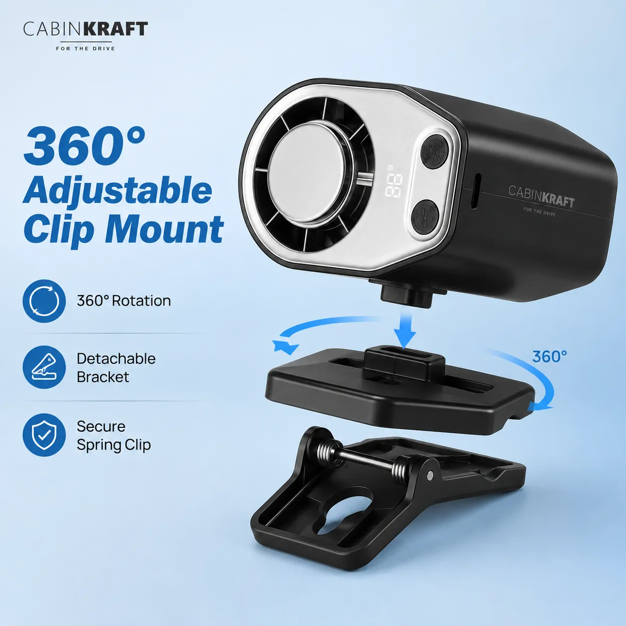 Rechargeable Clip-On Car Fan with LED Display, 360° Adjustable